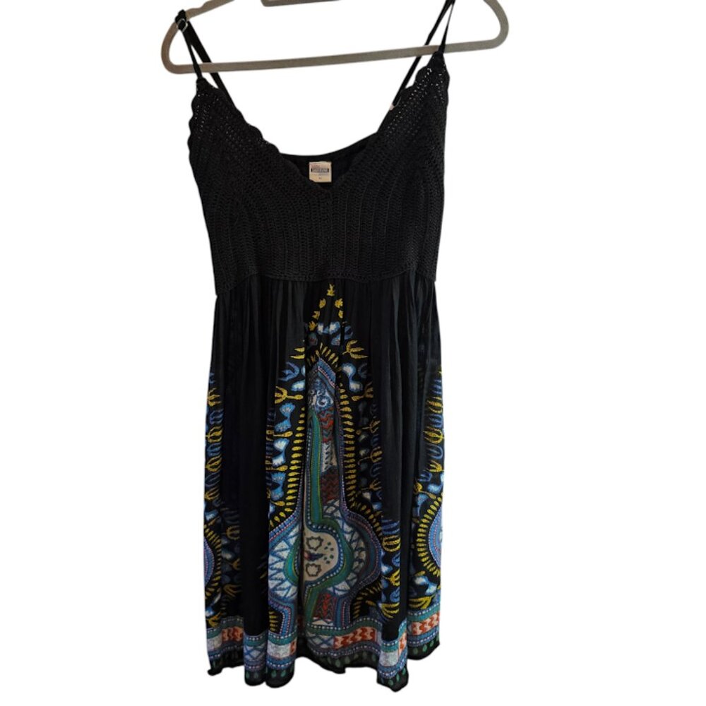 SHORELINE RAYON BLACK SUNDRESS CROCHET BODICE WITH PRINTED SKIRT SIZE MEDIUM